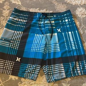 Hurley Men's Teal and Black Plaid Board Shorts